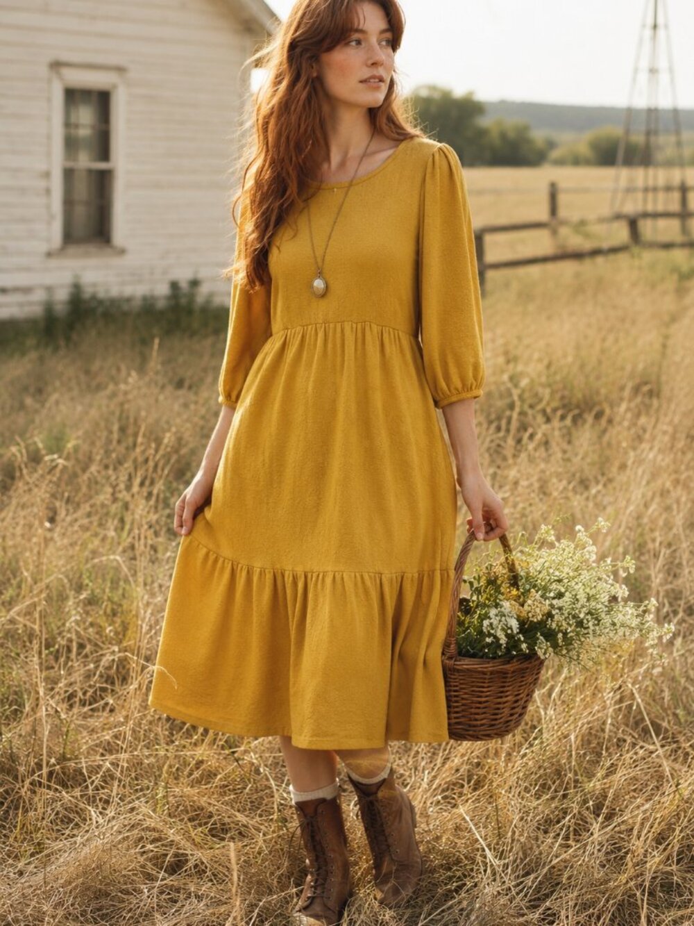 Velvet Torch Mustard Gold Babydoll Midi Dress Size Medium Made in USA